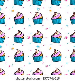 Seamless cupcake pattern. Colorful bright food pattern. Fun cafe, birthday illustration. Textile ornament. Graphic vector background. Seamless texture. Repeat pattern backdrop.