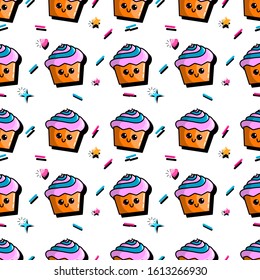 Seamless cupcake pattern. Colorful cartoon cake pattern. Design for wedding, anniversary, child birthday, bakery,  Happy biscuits with sprinkles on white background.