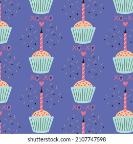 Seamless cupcake pattern with a heart-shaped candle light. Valentine's Day digital paper wallpaper textile fabric repeat background