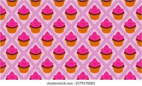 Seamless cupcake pattern on pink background. Cupcake vector illustration. Delicious dessert.