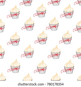 Seamless Cupcake Pattern on White Background. Vector Illustration for card, brochure, cover, textile etc. 