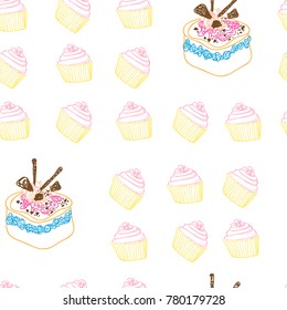 Seamless Cupcake Pattern on White Background. Vector Illustration for Card, Brochure, Cover, Paper etc.