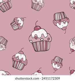 A seamless cupcake pattern in pastel pink, a girly background hand-drawn cupcakes background with a cherry on top, a wrapping paper design