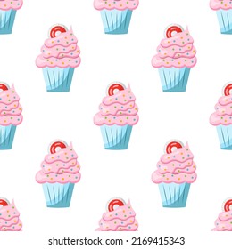 seamless cupcake pattern with pink cream. vector illustration on a white background.
