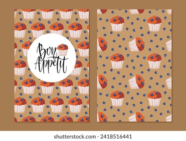 Seamless cupcake pattern set. Bon Appetit sign vector illustrations. Positive inspirational phrase in French enjoy your meal. Berry muffin cupcake. Repeated print for wallpaper, wrapping, packing