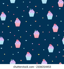 Patrón de quequitos sin mar con fresas cerezas arándanos sobre un fondo azul. Torta en una caricatura plana estilo lindo. Ilustración vectorial.