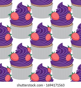 Diseño de quequitos sin inconvenientes con fresas sobre fondo blanco. Imágenes vectoriales, pasos 10