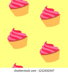 Seamless Cupcake pattern or tile texture on yellow background, strawberry cupcake, cake clipart, food graphics, sweets, cupcake digital paper