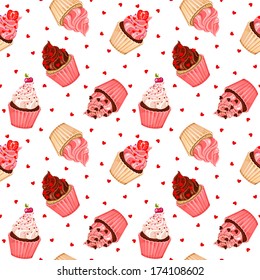 Seamless cupcake pattern for Valentine's Day