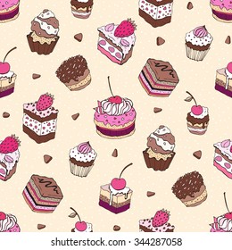 Seamless cupcake pattern.  Yummy cute background. Hand drawn vector pattern.