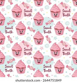 Seamless cupcake and sweets pattern with hand-drawn desserts, icing, and pink treats for kids party decor and wrapping paper. Sweet food seamless pattern