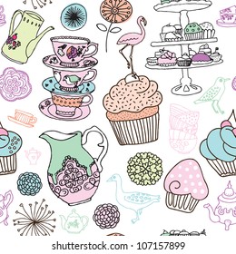 Seamless cupcake tea cup flower bird background pattern in vector