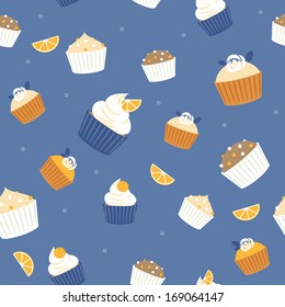 Seamless cupcakes and berries background - blue color.