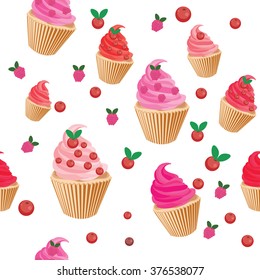 Seamless cupcakes with cherries pattern. Colorful cupcakes with fruits on transparent background. 