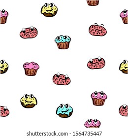 Seamless cupcakes. Cute vector cartoon multicolored morphines baking with funny eyes. Isolated objects on a white background. For the design of children's textiles, wallpaper, cafe decoration and coo