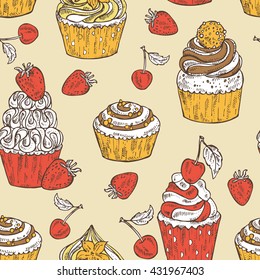 Seamless with cupcakes , hand drawn
