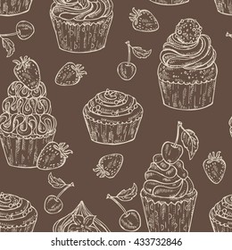 Seamless with cupcakes , hand drawn
