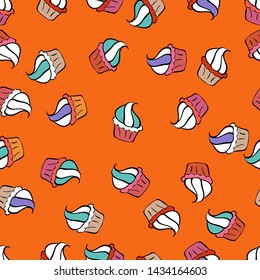 Seamless cupcakes hand drawn seamless pattern. Colorful background vector with collection of confectionery. Decorative wallpaper, good for printing. Romantic ornament, backdrop design.