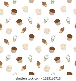 Seamless cupcakes and ice cream texture. Delicious seamless vector design.