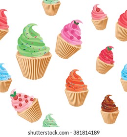 Seamless cupcakes pattern. Colorful cupcakes with fruits and sprinkles pattern.