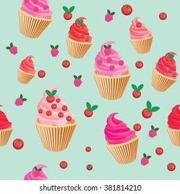 Seamless cupcakes pattern. Colorful cupcakes with fruits pattern.
