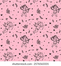 Seamless Cupid and Hearts Pattern on Pink