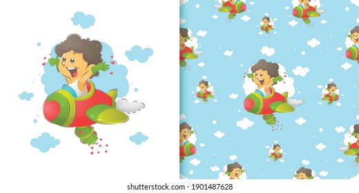 The seamless of the cupid playing the plane in the watercolor illustration of illustration