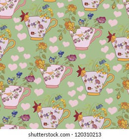 Seamless with cups and flowers  background, wallpaper, fabric