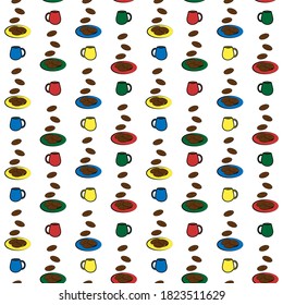 Seamless cups and plates with cookies vector pattern on white background