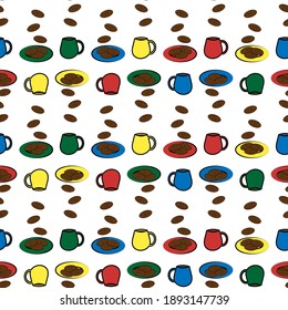 Seamless cups and plates with cookies vector pattern on white background