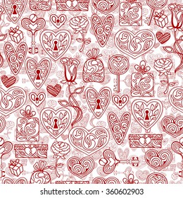 seamless curly hearts keys and flowers background, vector