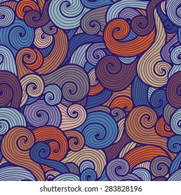 Seamless curly pattern with spiral waves of different colors. Color palette is subdued and pleasing to the eyes.