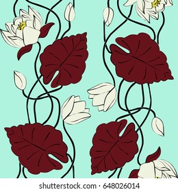 Seamless curly pattern with a water lily on a blue background