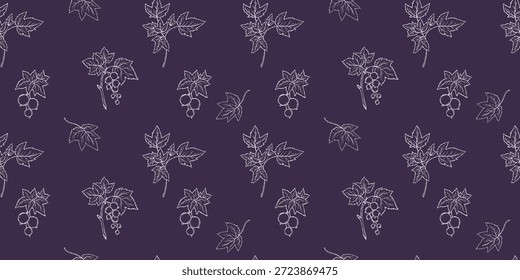 Seamless Currant Pattern. Outline White Line Art Berries on Dark Purple Background. Vector Horizontal hand-drawn illustration Not AI 