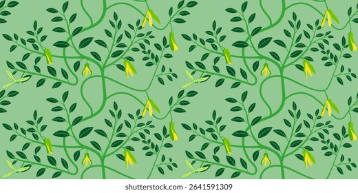 Seamless custard apple tree and custard apple flowers pattern with green leaves.