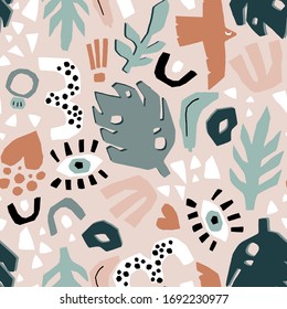 Seamless cut out style pattern with hand drawn palm leaves and jungle floral. Perfect for fabric,textile. Creative Vector background