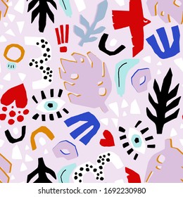 Seamless cut out style pattern with hand drawn palm leaves and jungle floral. Perfect for fabric,textile. Creative Vector background