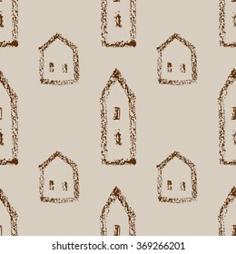 Seamless cute abstract pattern with houses. Hand drawn background.
