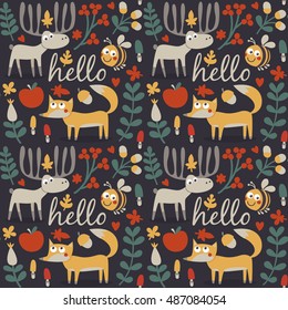 Seamless cute animal autumn pattern made with fox, deer, moose, bee, flower, plant, leaf, berry, heart, friend, floral, nature, berry, acorn, mushroom, hello