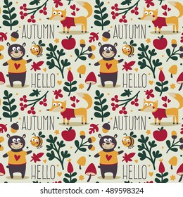 Seamless cute animal autumn pattern made with bear, fox, bee, flower, plant, leaf, berry, heart, friend, floral, nature, acorn, mushroom, hello