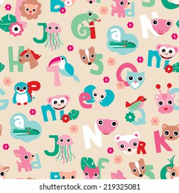 Seamless cute animal kids alphabet abc woodland illustration background pattern in vector