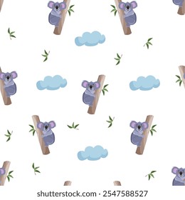 Seamless cute animal pattern. Children pattern. Koala on the tree and clouds.