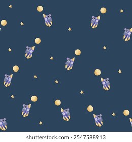 Seamless cute animal pattern. Children pattern. Koala on the rocket. Moon and stars.