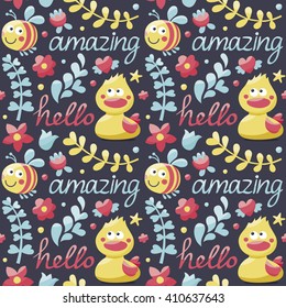 Seamless cute animal pattern made with ducks, bee, flowers, plants, hearts, words amazing, hello, friends, love, couple