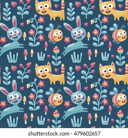 Seamless cute animal pattern made with cat, hare, rabbit, bee, flower, plant, leaf, berry, heart, friend, floral, nature