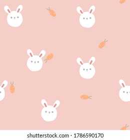 seamless cute animal pet bunny rabbit head repeat pattern with carrot  in pink background, flat vector illustration cartoon charater design