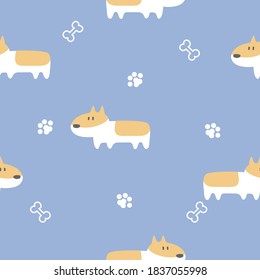 seamless cute animal pet corgi dog repeat pattern with bone, foot print paw in blue background flat vector illustration cartoon character design