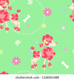 seamless cute animal pet red poodle dog repeat pattern  with bone, foot print and flower in green background flat vector illustration cartoon character design