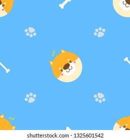 seamless cute animal pet shiba inu dog head  repeat pattern with bone, foot print in blue background flat vector illustration cartoon character design