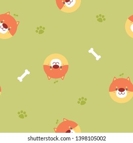 seamless cute animal pet shiba inu dog head  repeat pattern with bone, foot print in green background flat vector illustration cartoon character design